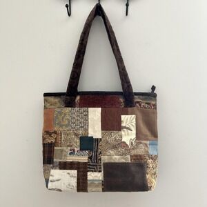 Vintage Patchwork Tote Bag Boho Cottagecore Earth Tone Quilted‎ Shoulder Bag